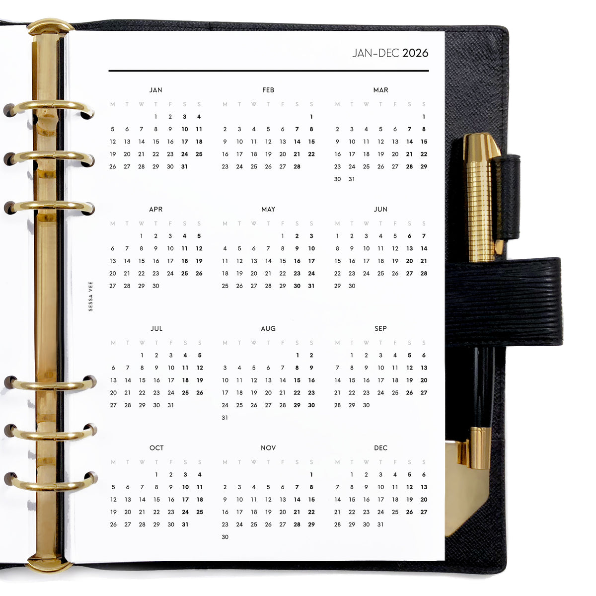 Simplified Calendar, Year on 1 Page - A5 Size - Planner Insert – Sessa Vee